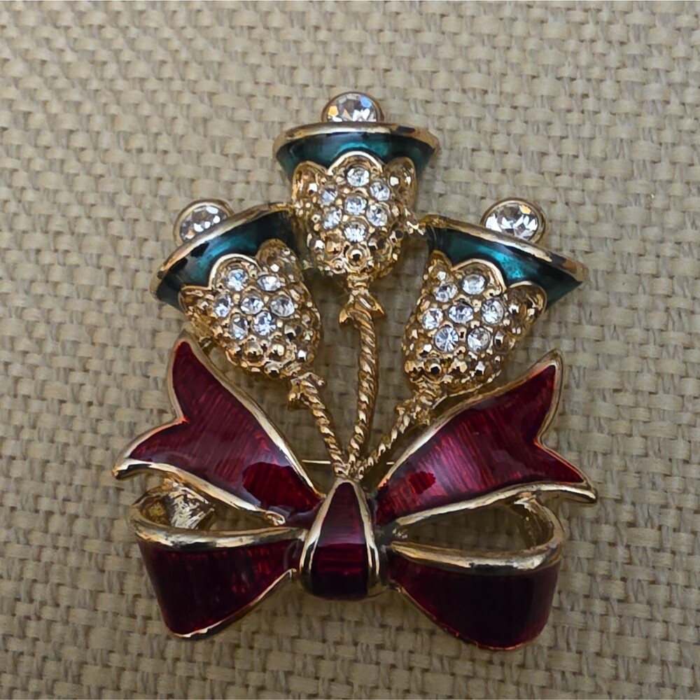 Gold Tone Enamel Tulip Flower Bow Brooch Pin Red Green Clear Rhinestones Holiday